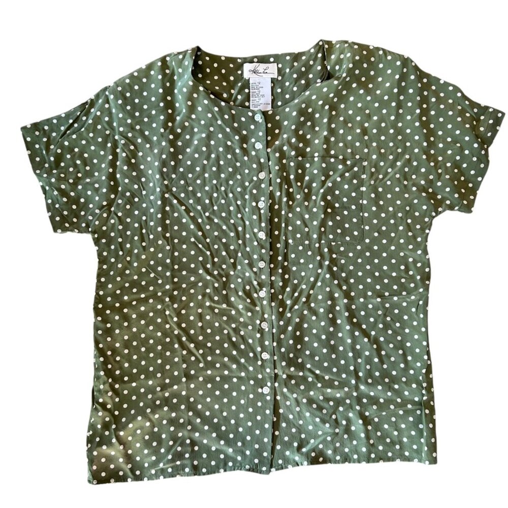 Vintage Kathie Lee 100% Silk Green Polka Dot Button Up Blouse 12